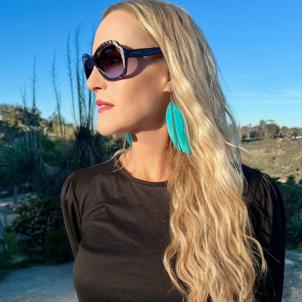 Turquoise Blue Feather Bronze Gold Chain Boho Native Festival 4.5" Earrings